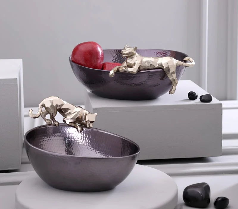 يسكن Dwell-Faceted Panther Hammered Decorative Bowl-24.5X17.5X15CM-Grey