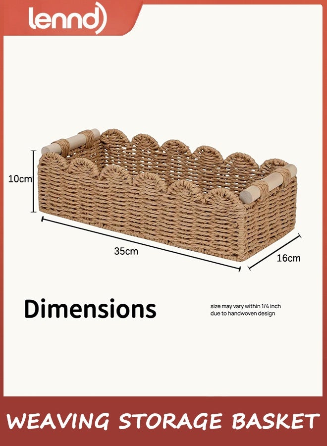 لينند سلة تخزين من حبل ورقي منسوج بحواف متموجة، مناسبة لتزيين غرفة النوم، مثالية لأرفف التخزين فوق المرحاض، والطاولات الجانبية، والرفوف، وما إلى ذلك، وتأتي مع مقبضين خشبيين. - Image 3