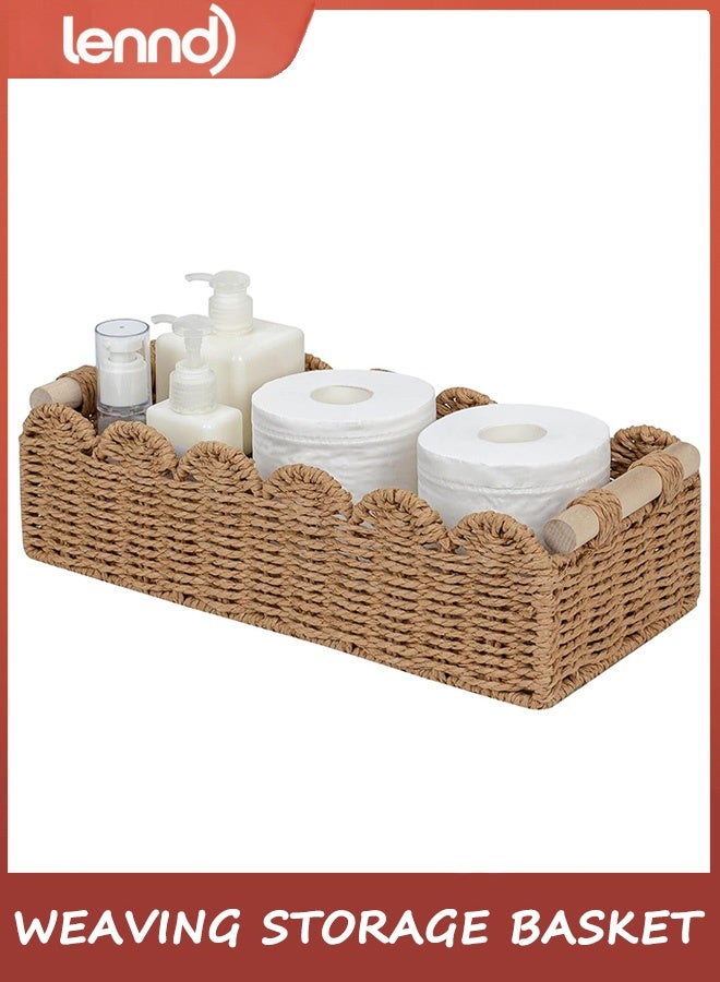لينند سلة تخزين من حبل ورقي منسوج بحواف متموجة، مناسبة لتزيين غرفة النوم، مثالية لأرفف التخزين فوق المرحاض، والطاولات الجانبية، والرفوف، وما إلى ذلك، وتأتي مع مقبضين خشبيين. - Image 1