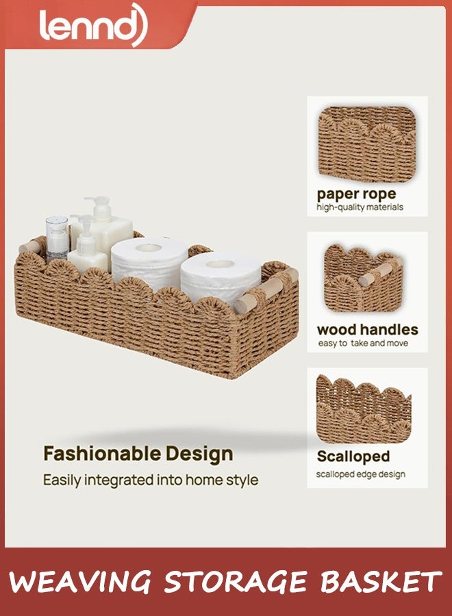 لينند سلة تخزين من حبل ورقي منسوج بحواف متموجة، مناسبة لتزيين غرفة النوم، مثالية لأرفف التخزين فوق المرحاض، والطاولات الجانبية، والرفوف، وما إلى ذلك، وتأتي مع مقبضين خشبيين. - Image 4