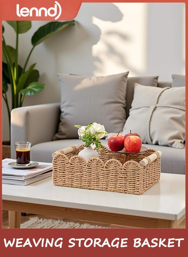 لينند سلة تخزين من حبل ورقي منسوج بحواف متموجة، مناسبة لتزيين غرفة النوم، مثالية لأرفف التخزين فوق المرحاض، والطاولات الجانبية، والرفوف، وما إلى ذلك، وتأتي مع مقبضين خشبيين. - Image 5