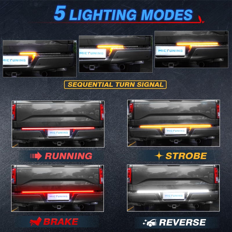 MICTUNING 60 Inches Triple 504 LEDs Tailgate Strip Light Waterproof with 4-Way Flat Connector - 5 Functions Sequential Amber Turn Signal, Red Brake Running, White Reverse Lights - Image 4