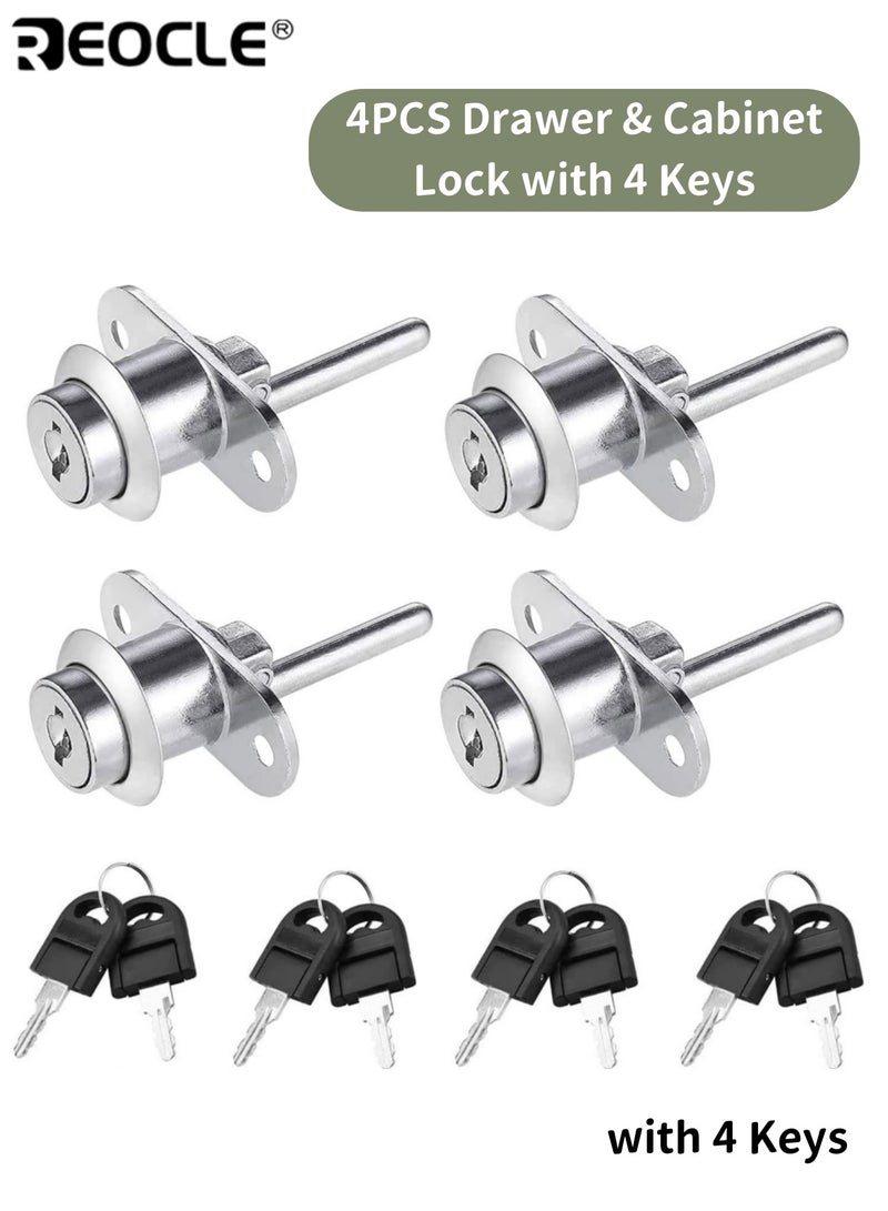 REOCLE 4PCS Drawer Lock Plunger Lock Cylinder Head Chrome Finish Push Button Plunger Lock for Cabinet Desk Wardrobe Key Alike with Keys for Home Office Furniture Security - Image 1