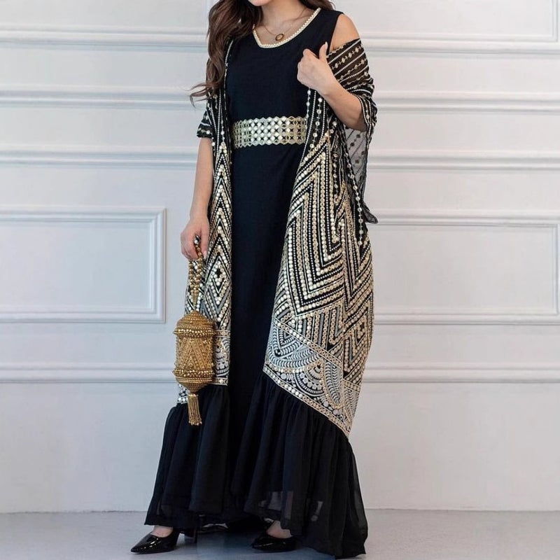 طقم مكون من قطعتين بطبعة عابرة للحدود بأكمام بات وخصر مطبوع باللون الأبيض - Image 4