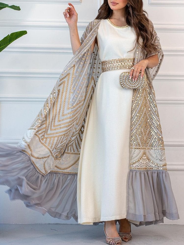 طقم مكون من قطعتين بطبعة عابرة للحدود بأكمام بات وخصر مطبوع باللون الأبيض - Image 1