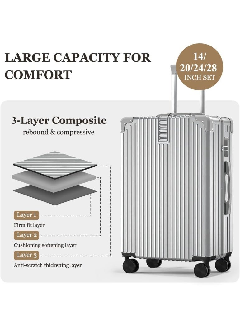 OHAHO Silver 4 Piece Luggage Set (14/20/24/28 Inch) Hardshell Suitcase Set with 360° Spinner Wheels PC+ABS Durable Lightweight Travel Luggage Sets for Men & Women Best - Image 3