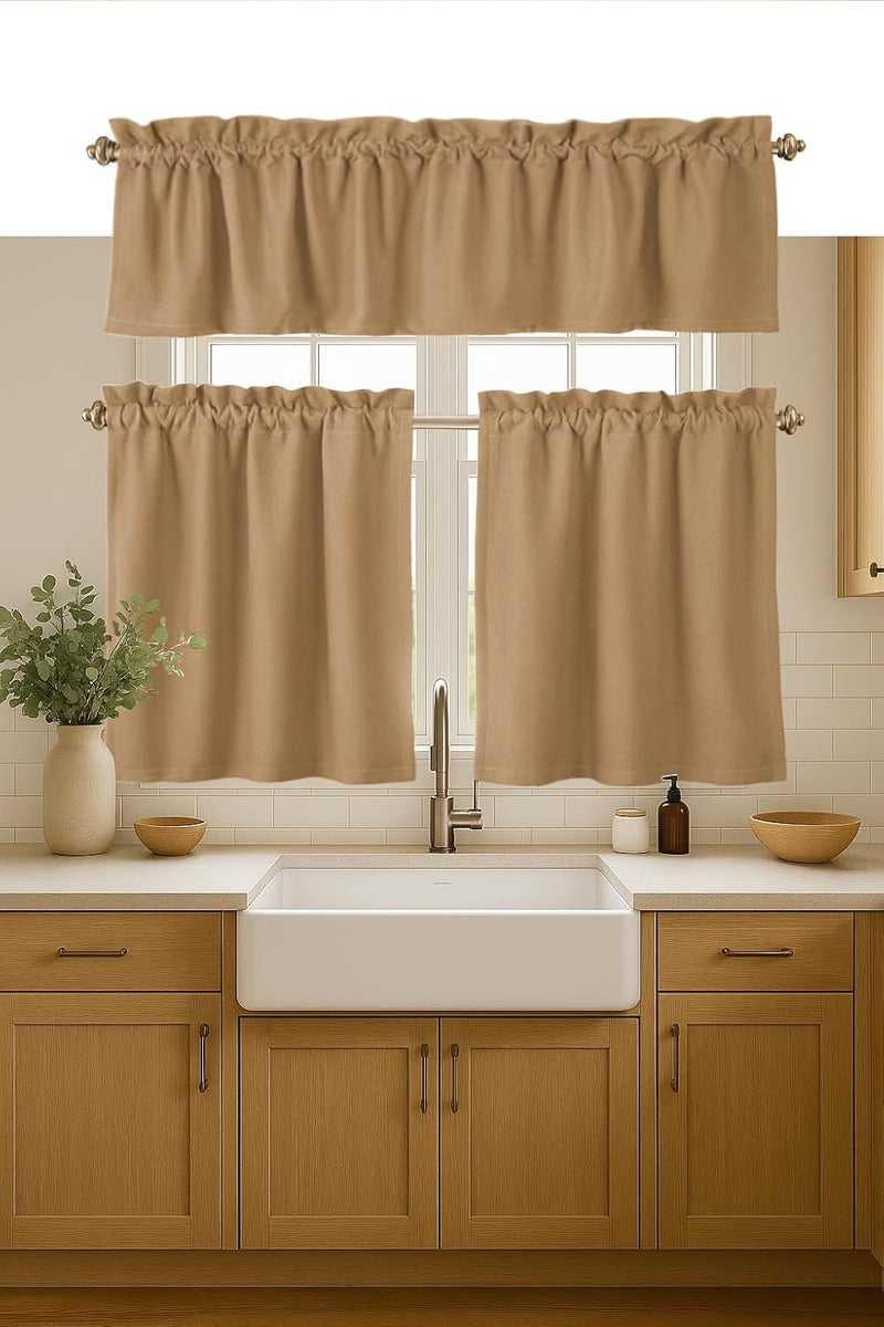 Native Fab 3 Pieces Window Curtain Tiers 26"x36" and Valance 54"x18" Set - Rod Pocket - Semi Sheer - Farmhouse Curtain for Kitchen, Cafe, Bathroom, Living Room - Beige - Image 1