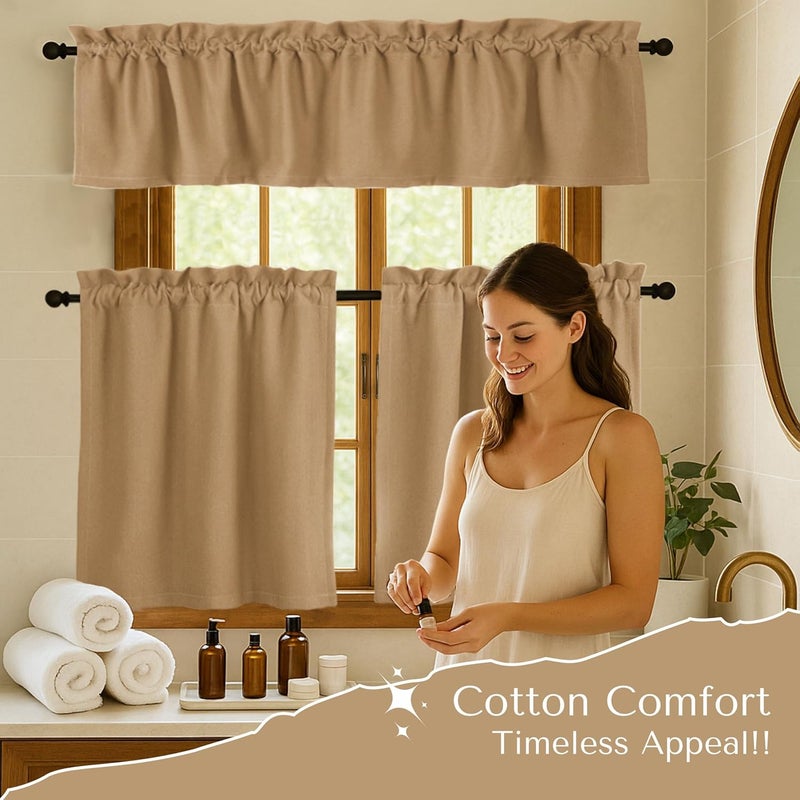 Native Fab 3 Pieces Window Curtain Tiers 26"x36" and Valance 54"x18" Set - Rod Pocket - Semi Sheer - Farmhouse Curtain for Kitchen, Cafe, Bathroom, Living Room - Beige - Image 4