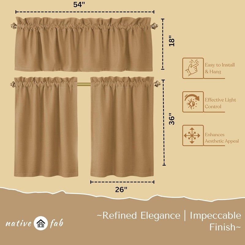 Native Fab 3 Pieces Window Curtain Tiers 26"x36" and Valance 54"x18" Set - Rod Pocket - Semi Sheer - Farmhouse Curtain for Kitchen, Cafe, Bathroom, Living Room - Beige - Image 3