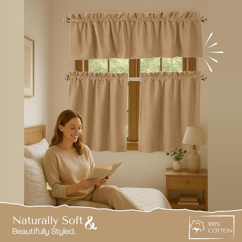 Native Fab 3 Pieces Window Curtain Tiers 26"x36" and Valance 54"x18" Set - Rod Pocket - Semi Sheer - Farmhouse Curtain for Kitchen, Cafe, Bathroom, Living Room - Beige - Image 2