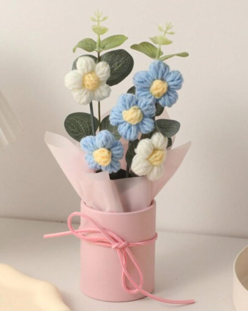 VRB Dec 1pcs Artificial Crochet Flower Bouquet/Artificial Flowers Bunch/Crochet flowers bouquet/Crochet flowers/Flowers Bouquet Gift for Girls Home Decor,gifting,etc. (Blue Daisy Bouquet) - Image 2