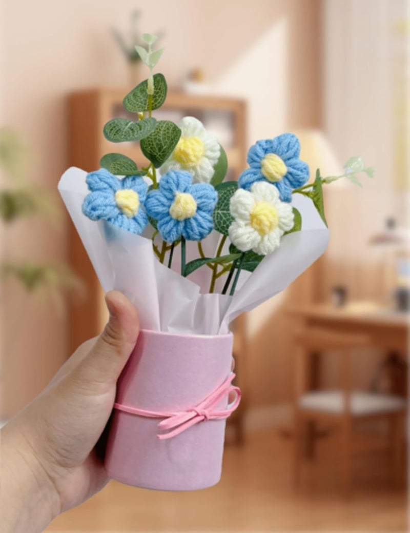 VRB Dec 1pcs Artificial Crochet Flower Bouquet/Artificial Flowers Bunch/Crochet flowers bouquet/Crochet flowers/Flowers Bouquet Gift for Girls Home Decor,gifting,etc. (Blue Daisy Bouquet) - Image 1