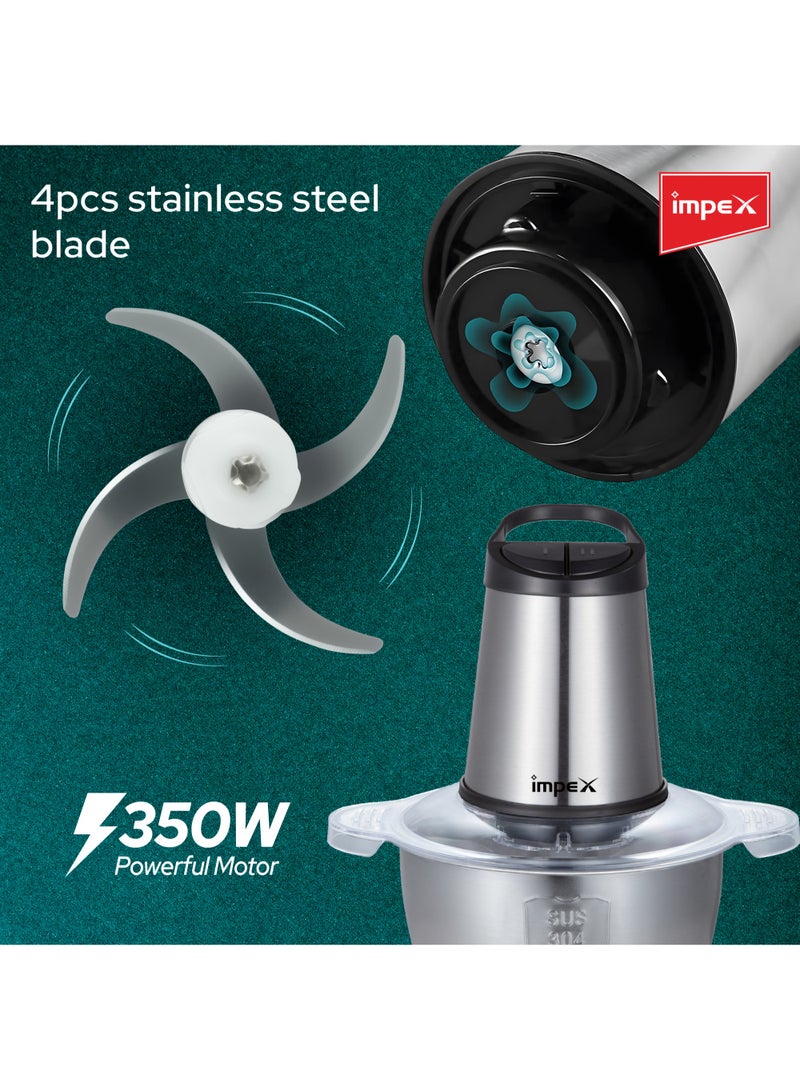 Impex Electric Food Chopper Stainless Steel Bowl With 2 Speed Adjustable And 4 Piece Stainless Steel Blade 2 L 350 W FC 3202 Silver - Image 4