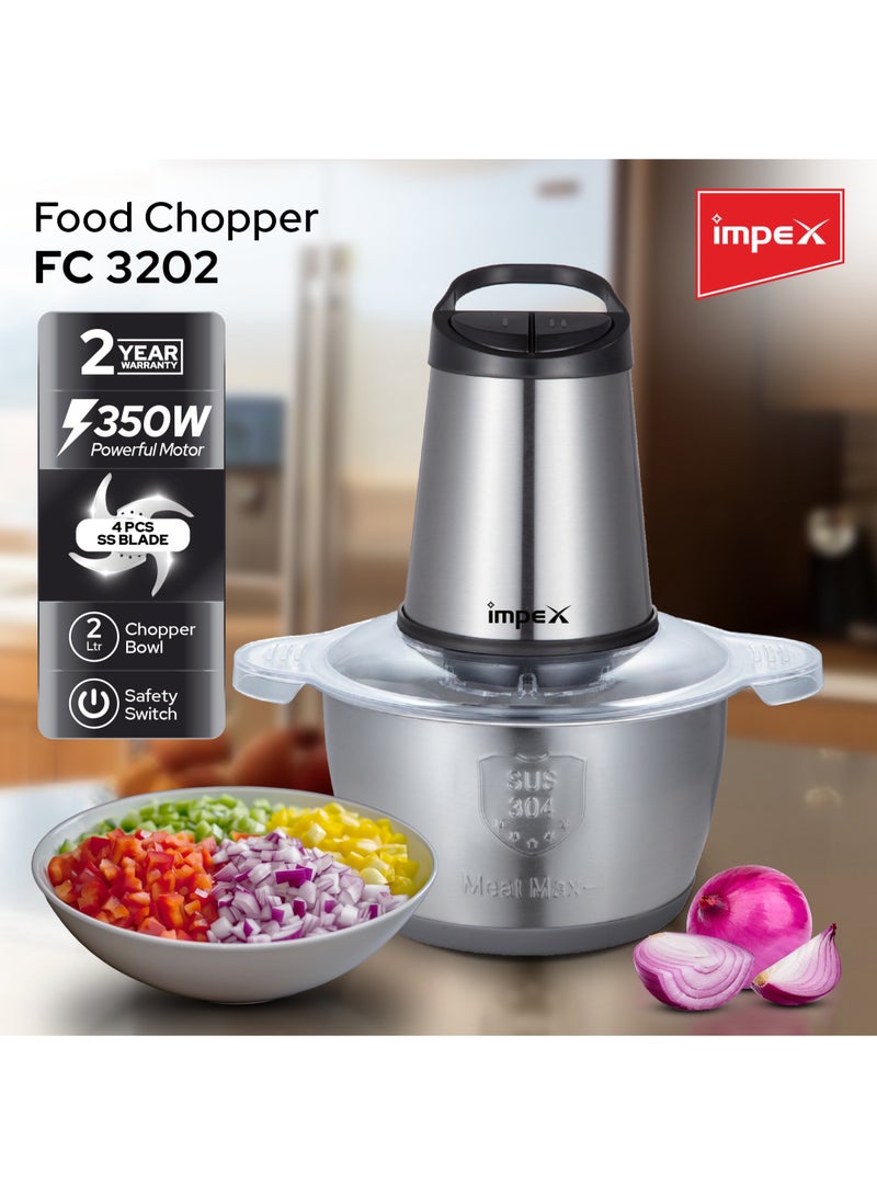 Impex Electric Food Chopper Stainless Steel Bowl With 2 Speed Adjustable And 4 Piece Stainless Steel Blade 2 L 350 W FC 3202 Silver - Image 2