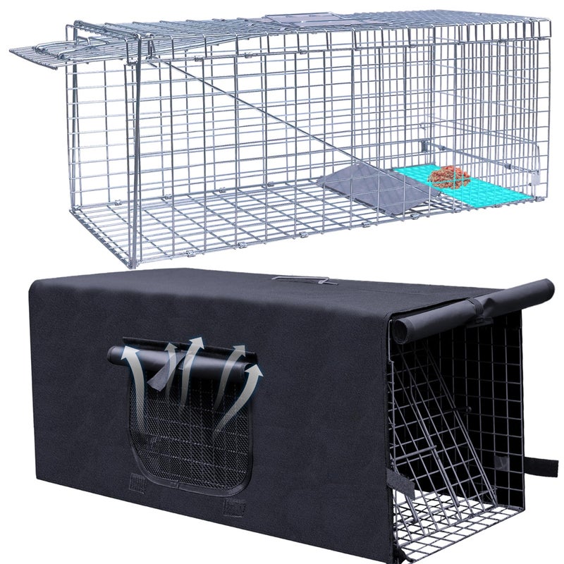 Rockever Live Animal Trap Cage with Cover, Cat Trap for Stray Cats 32 Inch Heavy Duty Folding Skunk Traps with Real Door for Raccoons, Opossums, Groundhogs, Skunks, Feral Cats, Squirrels-(32 x 10 x 12 inches) - Image 1
