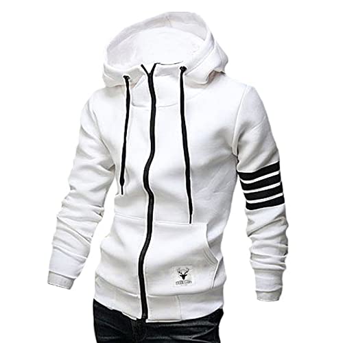 ZUEVI Men's Casual Striped Drawstring Hooded And Zipper Closure Hoodies Slim Fit Lightweight Sweatshirt(WHITE-M) - Image 4