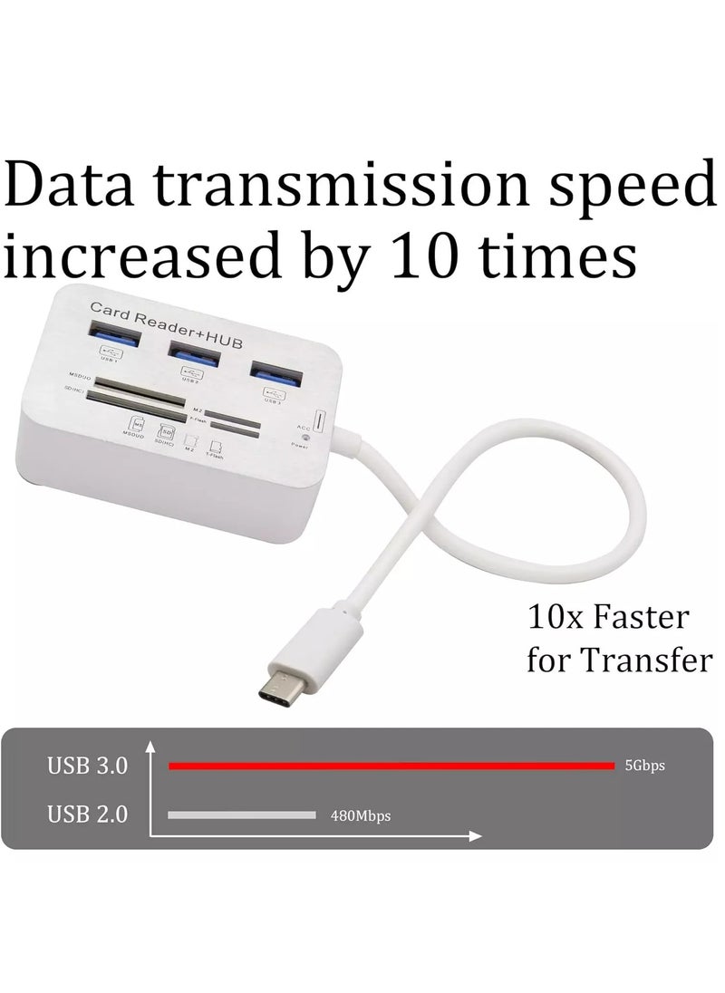 ماركة غير محددة - محول قراءة بطاقة USB من النوع C 3.0/3.1 من النوع c إلى 3 منافذ USB 3.0 Hub مع قارئ بطاقات MSDUO SD(HC) M2 TF(Flash) كابل محول ذاكرة متعدد في 1 (Type-c) - Image 1