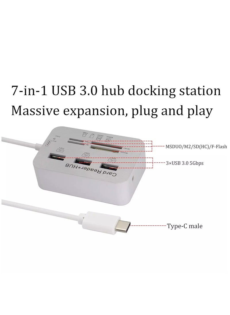ماركة غير محددة - محول قراءة بطاقة USB من النوع C 3.0/3.1 من النوع c إلى 3 منافذ USB 3.0 Hub مع قارئ بطاقات MSDUO SD(HC) M2 TF(Flash) كابل محول ذاكرة متعدد في 1 (Type-c) - Image 1
