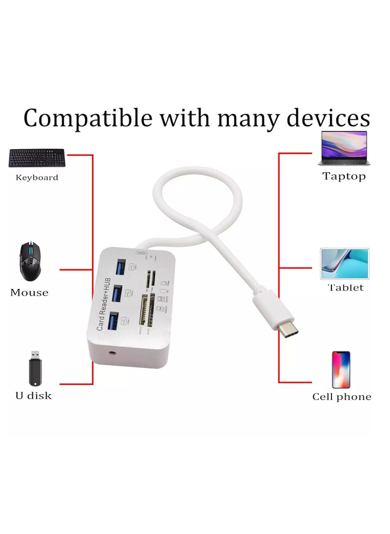 ماركة غير محددة - محول قراءة بطاقة USB من النوع C 3.0/3.1 من النوع c إلى 3 منافذ USB 3.0 Hub مع قارئ بطاقات MSDUO SD(HC) M2 TF(Flash) كابل محول ذاكرة متعدد في 1 (Type-c) - Image 1
