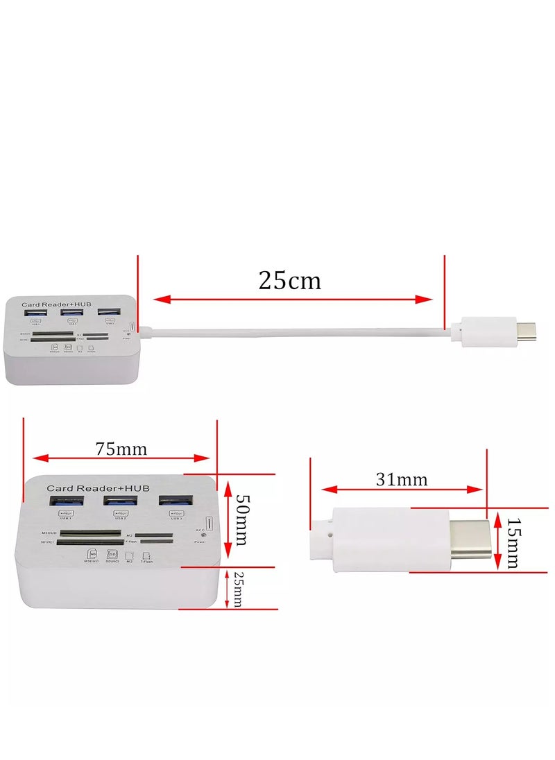 ماركة غير محددة - محول قراءة بطاقة USB من النوع C 3.0/3.1 من النوع c إلى 3 منافذ USB 3.0 Hub مع قارئ بطاقات MSDUO SD(HC) M2 TF(Flash) كابل محول ذاكرة متعدد في 1 (Type-c) - Image 1