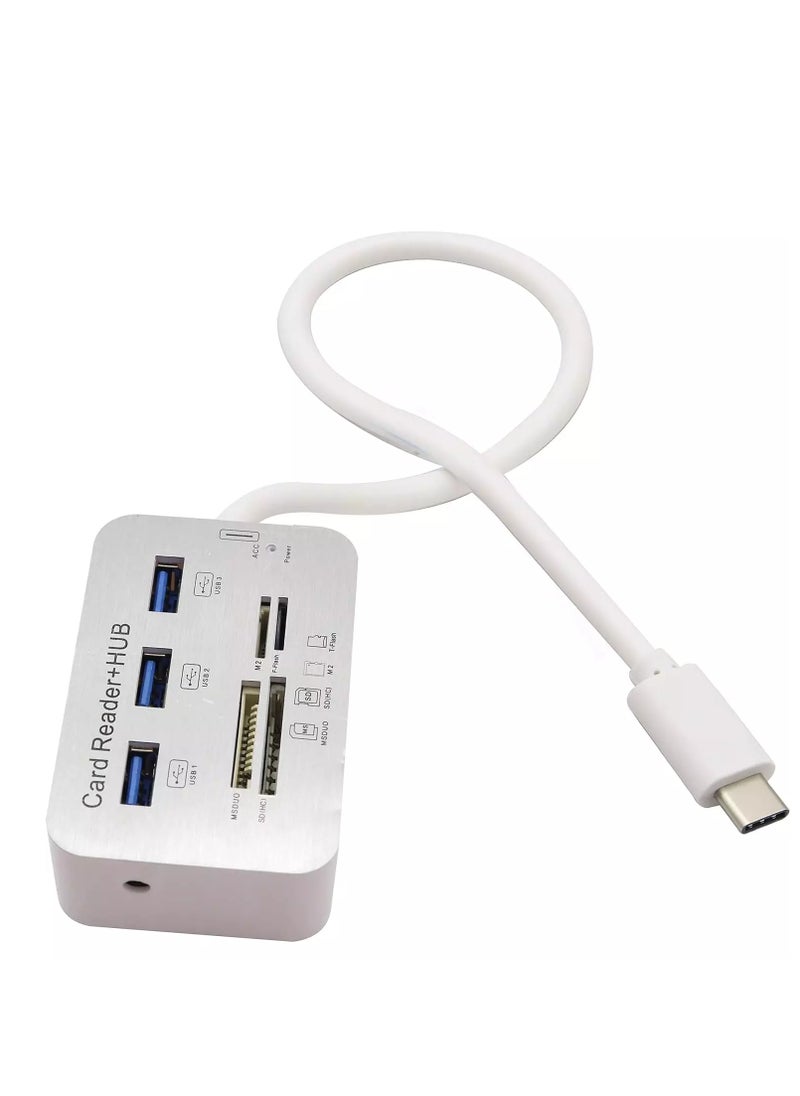 ماركة غير محددة - محول قراءة بطاقة USB من النوع C 3.0/3.1 من النوع c إلى 3 منافذ USB 3.0 Hub مع قارئ بطاقات MSDUO SD(HC) M2 TF(Flash) كابل محول ذاكرة متعدد في 1 (Type-c) - Image 1