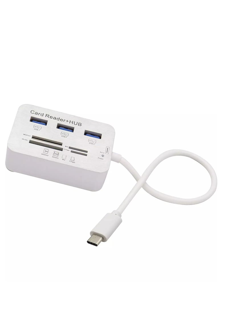 ماركة غير محددة - محول قراءة بطاقة USB من النوع C 3.0/3.1 من النوع c إلى 3 منافذ USB 3.0 Hub مع قارئ بطاقات MSDUO SD(HC) M2 TF(Flash) كابل محول ذاكرة متعدد في 1 (Type-c) - Image 1
