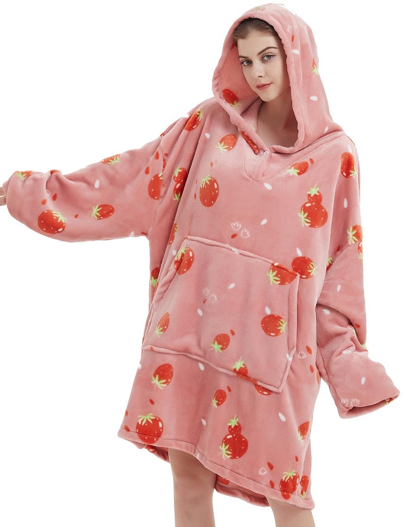 ABENCA هودي بطانية قابلة للارتداء للبالغين بحجم كبير سترة خفيفة من الفلانيل شيربا دافئة ومريحة بحجم واحد يناسب الجميع بالفراولة
