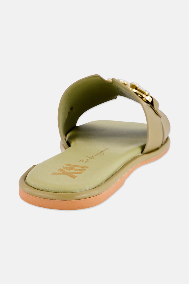 Xti Women Brand logo Slip On Flats, Olive - Image 4