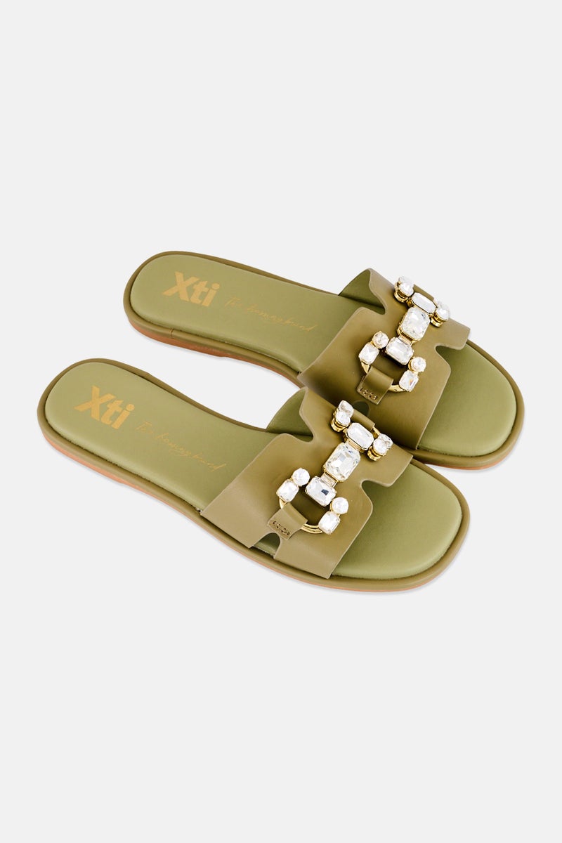 Xti Women Brand logo Slip On Flats, Olive - Image 3