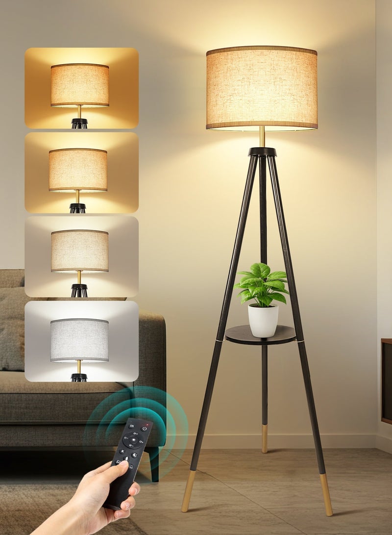 OUTON Solid Wooden Tripod Floor Lamp, 12W LED Bulb Included, Standing Lamp with Remote Control, Dimmable & 4 Color Temperatures, 1H Timer, Floor Lamp with Storage Shelf for Living Room, Black - Image 1