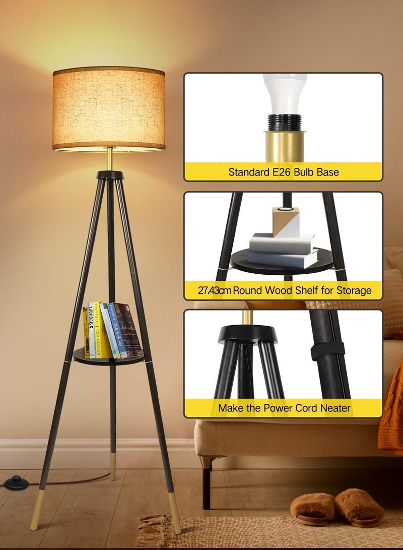 OUTON Solid Wooden Tripod Floor Lamp, 12W LED Bulb Included, Standing Lamp with Remote Control, Dimmable & 4 Color Temperatures, 1H Timer, Floor Lamp with Storage Shelf for Living Room, Black - Image 5