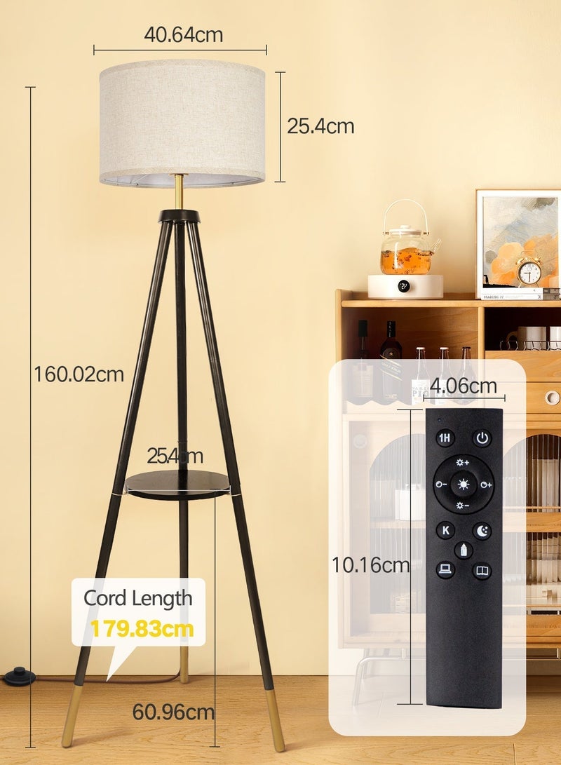 OUTON Solid Wooden Tripod Floor Lamp, 12W LED Bulb Included, Standing Lamp with Remote Control, Dimmable & 4 Color Temperatures, 1H Timer, Floor Lamp with Storage Shelf for Living Room, Black - Image 4