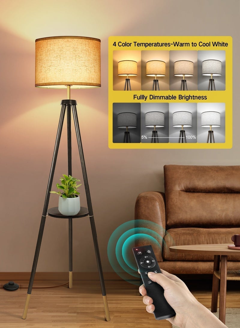 OUTON Solid Wooden Tripod Floor Lamp, 12W LED Bulb Included, Standing Lamp with Remote Control, Dimmable & 4 Color Temperatures, 1H Timer, Floor Lamp with Storage Shelf for Living Room, Black - Image 2