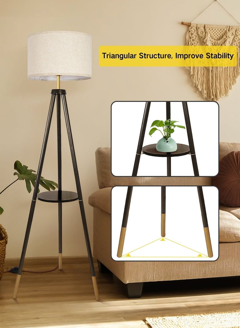 OUTON Solid Wooden Tripod Floor Lamp, 12W LED Bulb Included, Standing Lamp with Remote Control, Dimmable & 4 Color Temperatures, 1H Timer, Floor Lamp with Storage Shelf for Living Room, Black - Image 3