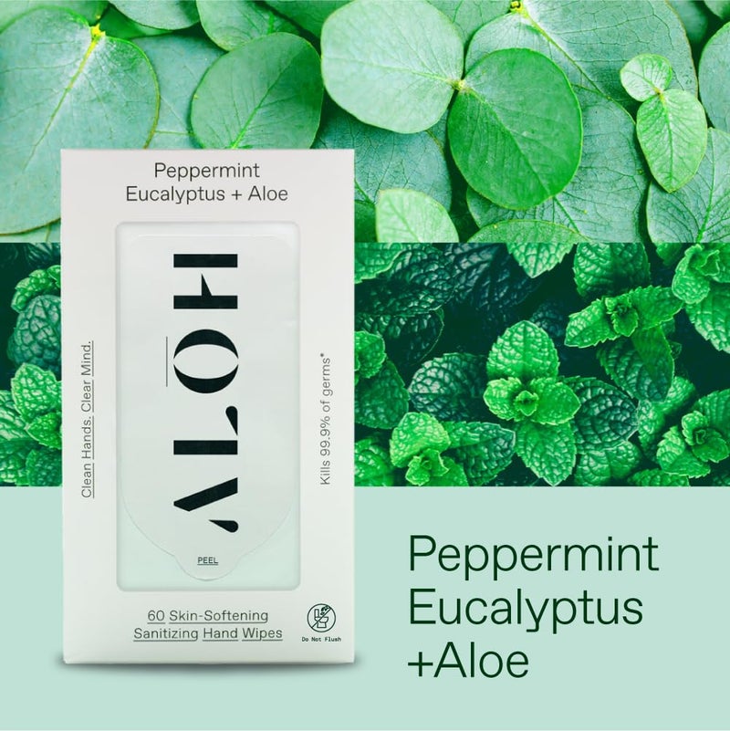 alo ALH Peppermint Eucalyptus Aloe Sanitizing Hand Wipes Clean Hands Clear Mind On The Go Sanitizer for Kids and Adults Travel Size 3 Pack 20ct Wipes 60 Wipes - Image 3