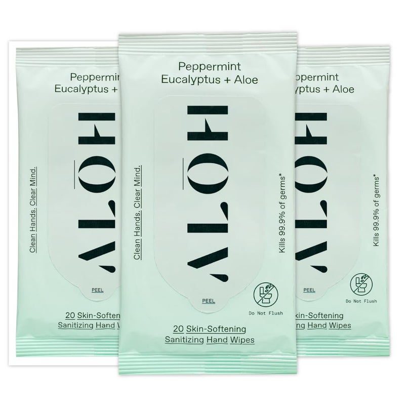 alo ALH Peppermint Eucalyptus Aloe Sanitizing Hand Wipes Clean Hands Clear Mind On The Go Sanitizer for Kids and Adults Travel Size 3 Pack 20ct Wipes 60 Wipes - Image 1