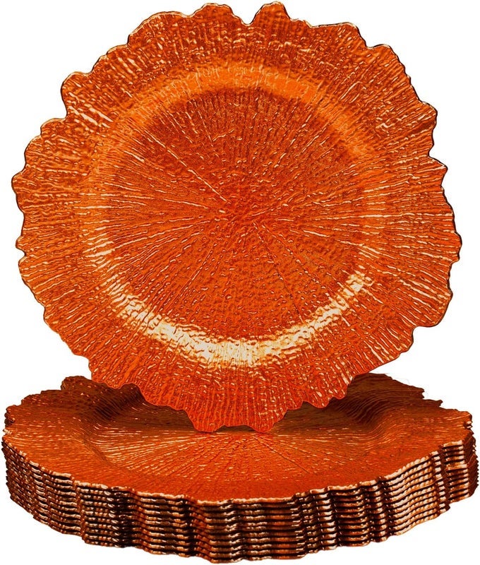 13 ORANGE CHARGER PLATES ROUND REEF CHARGERS FOR DINNER PLATES PLASTIC PLATE CHARGERS FOR TABLE SETTING WEDDING DECOR SET OF 12