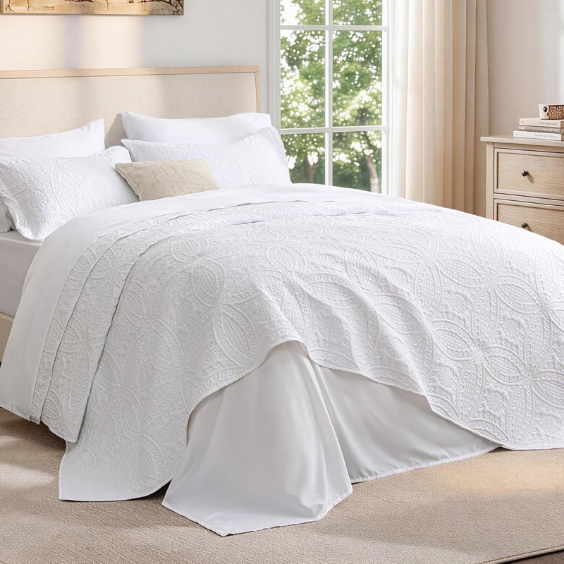 Love's cabin King Quilt Set White, Bed in a Bag King Size Bedding 7 Pieces, Ultrasonic Embossed Coin Pattern Comforter, Lightweight Bedspreads for All Seasons Quilt with Sheets, Pillowcases & Shams - Image 1