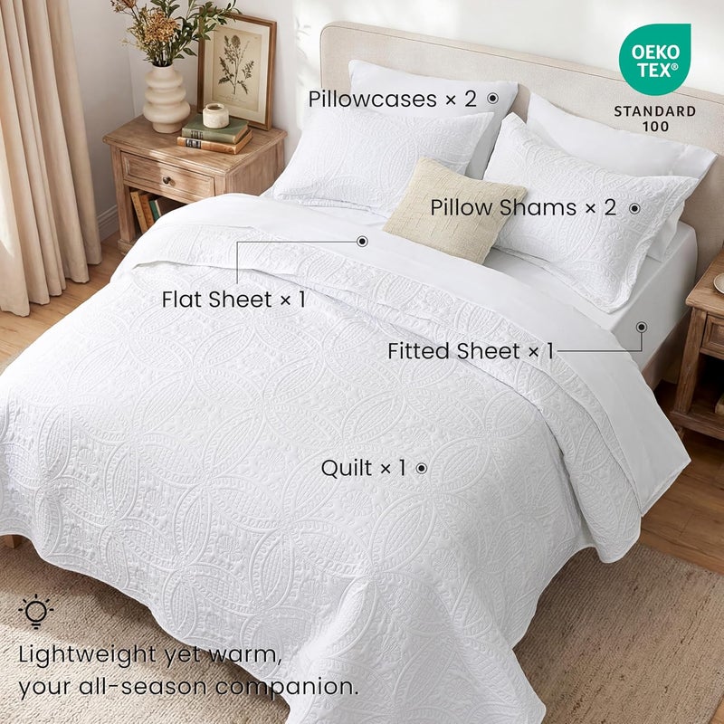 Love's cabin King Quilt Set White, Bed in a Bag King Size Bedding 7 Pieces, Ultrasonic Embossed Coin Pattern Comforter, Lightweight Bedspreads for All Seasons Quilt with Sheets, Pillowcases & Shams - Image 2