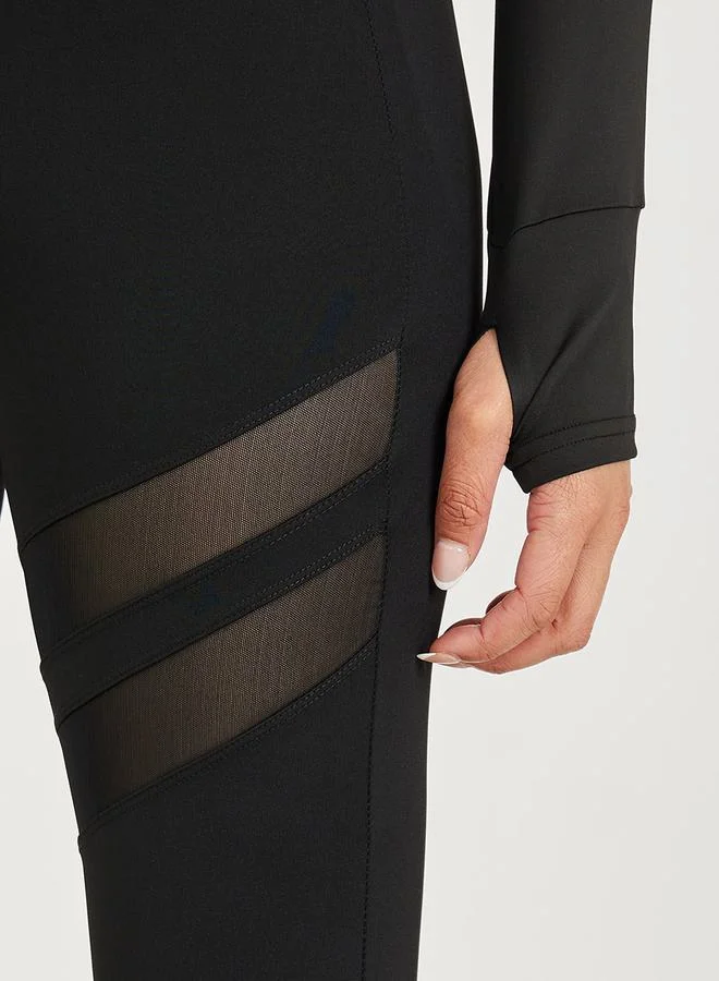 Styli Active Broad Waist Thigh Mesh Detail Flared Leggings