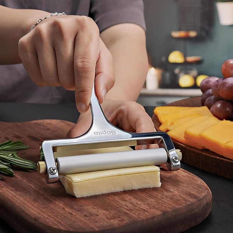 Sopito Cheese Slicer Stainless Steel Wire Cheese Slicer With 3 Extra Wires Great for Cheddar, Gruyere, Raclette, Mozzarella Cheese Block, Adjustable Thickness - Wire Cheese Slicer - Image 2