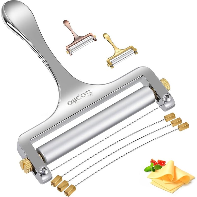 Sopito Cheese Slicer Stainless Steel Wire Cheese Slicer With 3 Extra Wires Great for Cheddar, Gruyere, Raclette, Mozzarella Cheese Block, Adjustable Thickness - Wire Cheese Slicer - Image 1