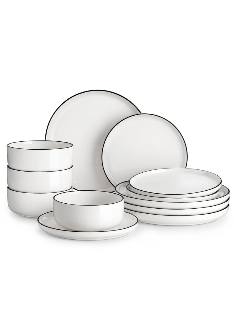 مجموعة أدوات طعام فخارية من 12 قطعة، أطباق عشاء وأطباق حلوى وأوعية ل4 أشخاص، أبيض كريمي مع حافة سوداء رفيعة - Image 1