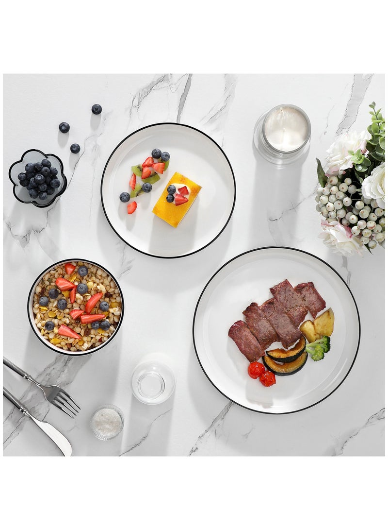 مجموعة أدوات طعام فخارية من 12 قطعة، أطباق عشاء وأطباق حلوى وأوعية ل4 أشخاص، أبيض كريمي مع حافة سوداء رفيعة - Image 5