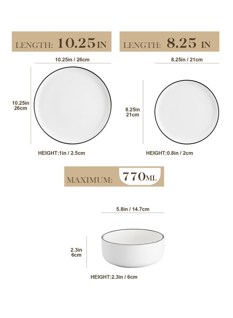 مجموعة أدوات طعام فخارية من 12 قطعة، أطباق عشاء وأطباق حلوى وأوعية ل4 أشخاص، أبيض كريمي مع حافة سوداء رفيعة - Image 2
