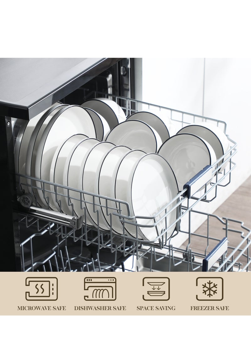 مجموعة أدوات طعام فخارية من 12 قطعة، أطباق عشاء وأطباق حلوى وأوعية ل4 أشخاص، أبيض كريمي مع حافة سوداء رفيعة - Image 3