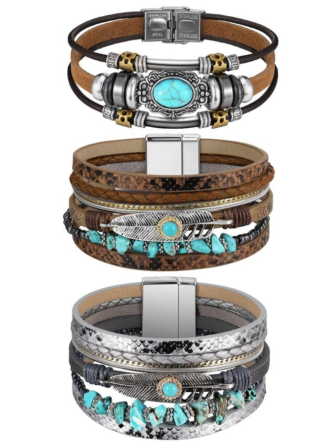 Inbagi 3 Pcs Turquoise Bracelet for Women Cowboy Chic Western Jewelry for Women Silver Bohemian Turquoise Cuff Bracelets - Image 1