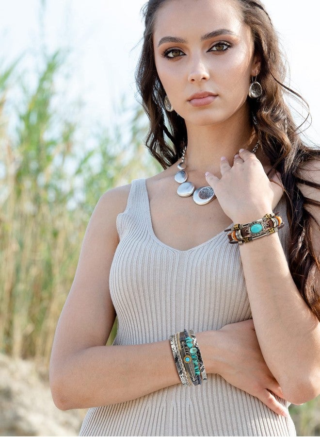 Inbagi 3 Pcs Turquoise Bracelet for Women Cowboy Chic Western Jewelry for Women Silver Bohemian Turquoise Cuff Bracelets - Image 4