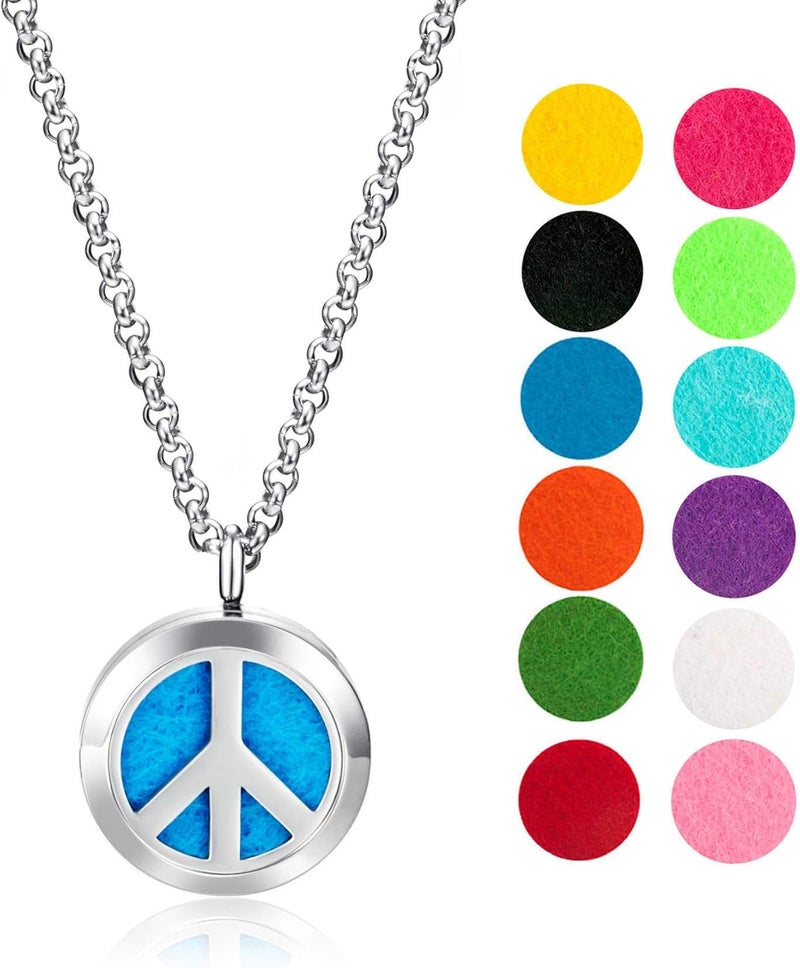 mEssentials Wild Essentials Peace Sign Essential Oil Diffuser Necklace, Stainless Steel Locket Pendant with 24 inch Chain, 12 Color Refill Pads, Customizable Color Changing Perfume Jewelry for Aromatherapy 