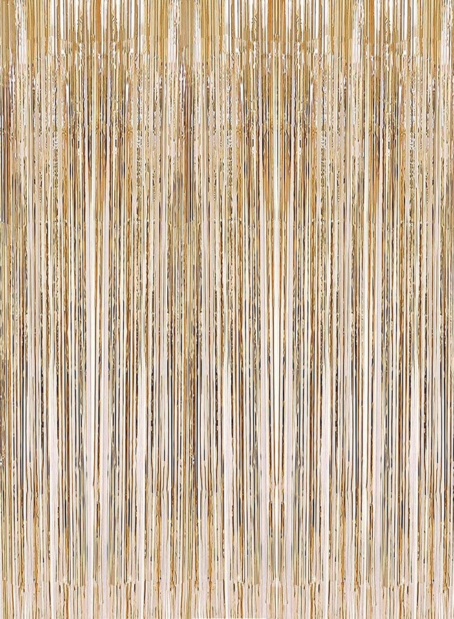 i-CHONY 2 Pcs 3.2ft x 8.2ft Champagne Gold Metallic Tinsel Foil Fringe Curtains Photo Booth Backdrop for Baby Shower Birthday Wedding Holiday Celebration Bachelorette Party Decorations - Image 1